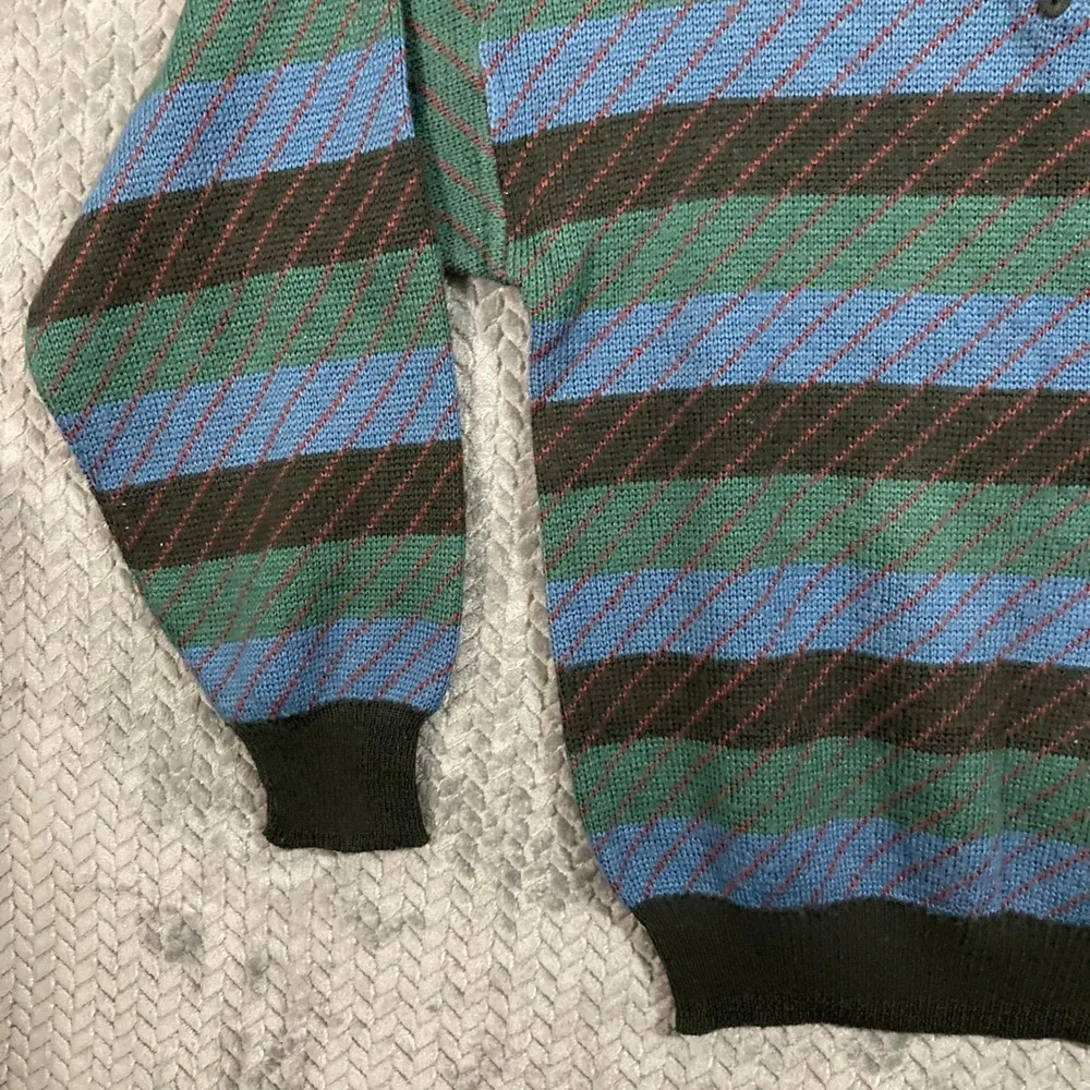 John Henry Sweater Mens L Vintage Henley Striped Multi-Color Button-Down